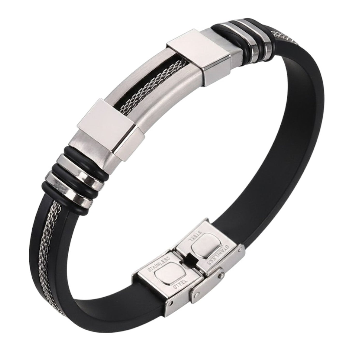 Armband Herren Silber 21 cm Silikon Edelstahl modern Karma