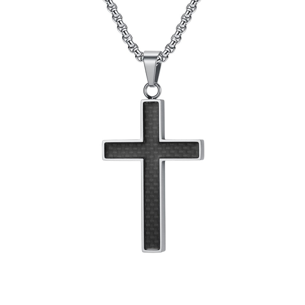 Halskette mit Kreuz Anhänger Herren Silber Titanstahl Carbon Herrenkette Kreuzkette Karma