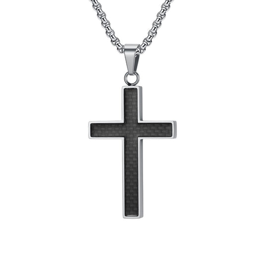 Halskette mit Kreuz Anhänger Herren Silber Titanstahl Carbon Herrenkette Kreuzkette Karma