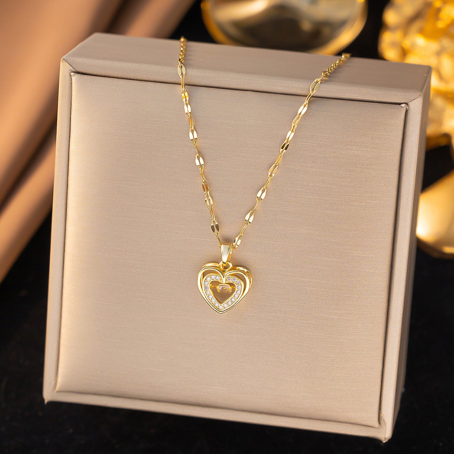 Schmuckset Herz Gold Halskette und Ohrringe Edelstahl Zirkone wasserfest hypoallergen rostfrei Karma