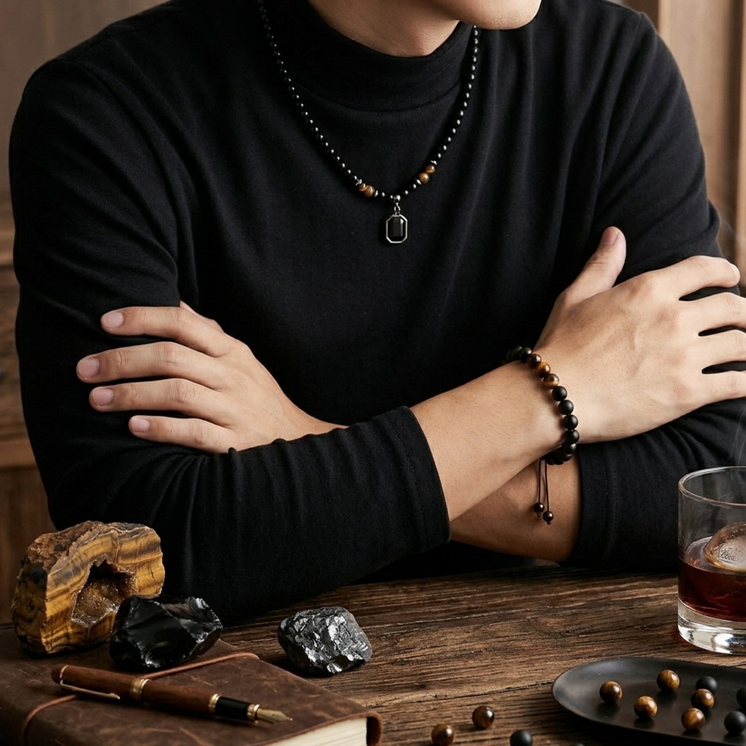 Schmuckset Herren Perlen Schwarz Armband und Kette Edelstahl Acrylperlen Karma