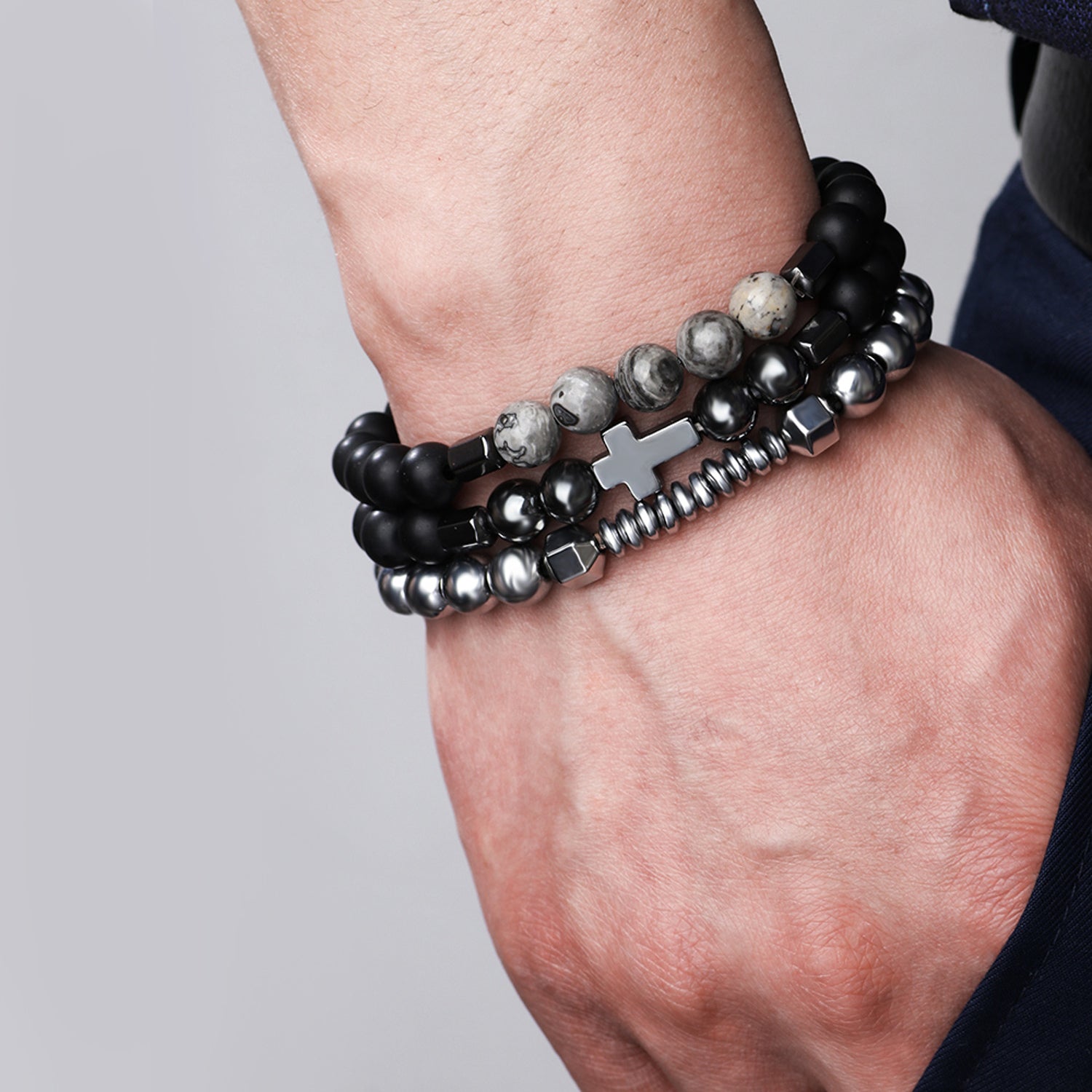 Armband Set Herren Perlenarmband Schwarz Edelstahl Lavaperlen Naturstein Karma