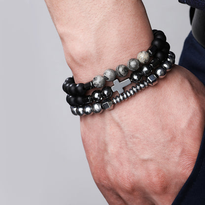 Armband Set Herren Perlenarmband Schwarz Edelstahl Lavaperlen Naturstein Karma