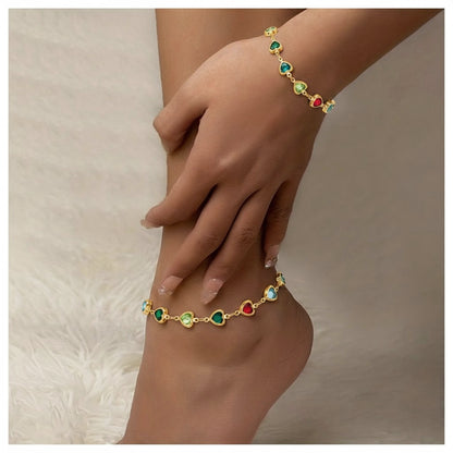 Schmuckset Herz Armband & Fußkette Gold Klar Edelstahl vergoldet wasserfest hypoallergen rostfrei Karma