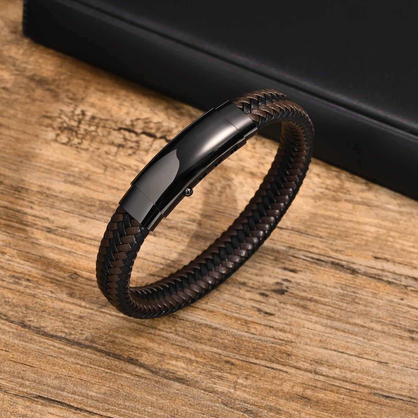 Herrenarmband Leder Edelstahl Schwarz KARMA