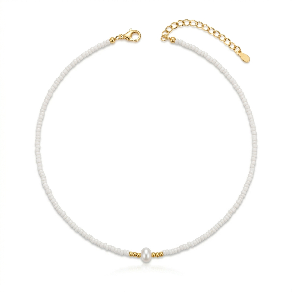 Perlennkette Weiß Zuchtperle 42 cm Damen Kette Eelstahl vergoldet Karma