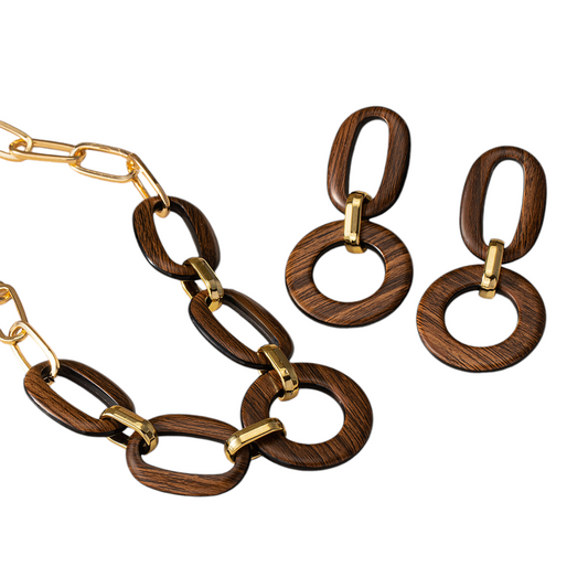 Schmuckset Holz Braun Gold Kette und Ohrringe KARMA