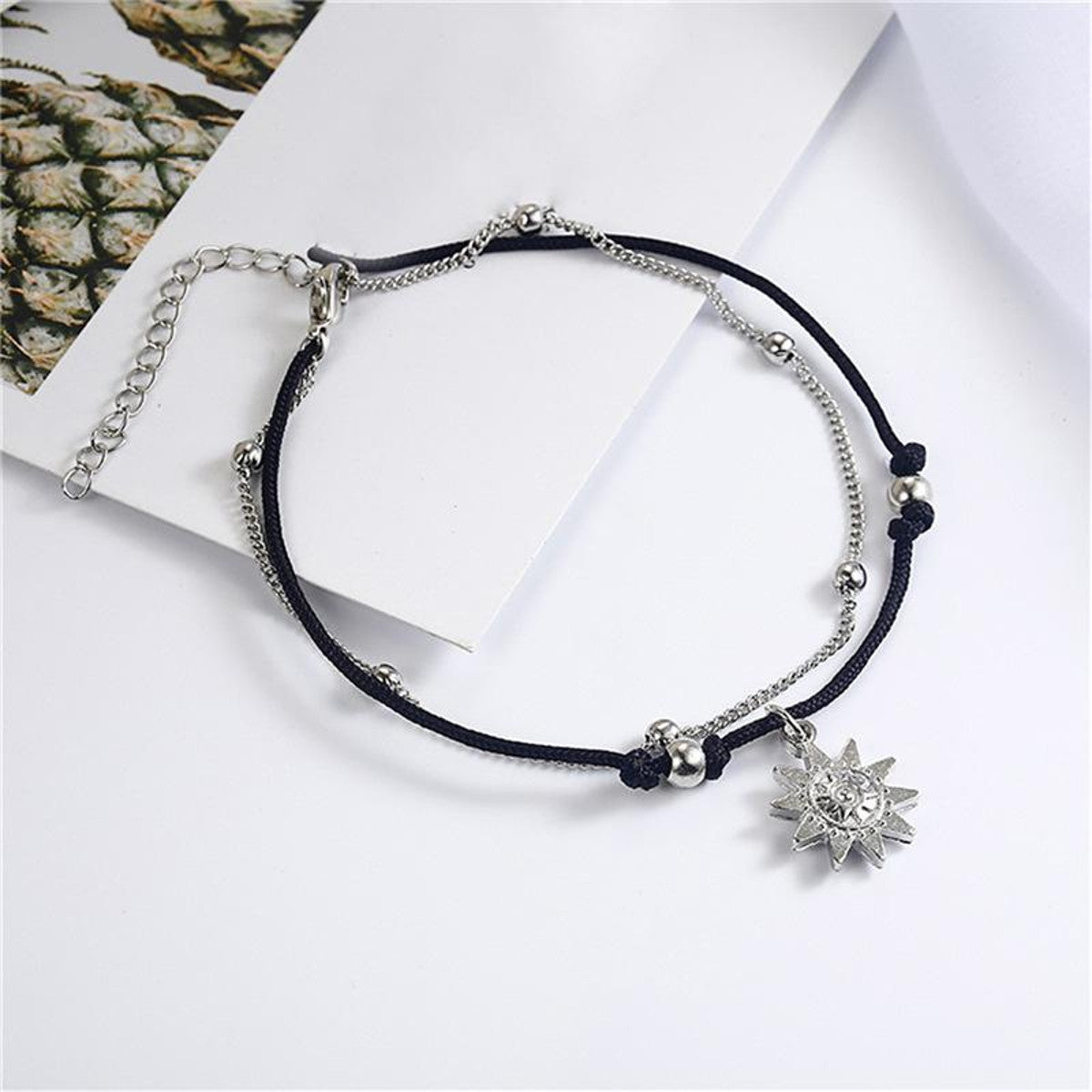 Fußkette Sonne Schwarz Silber Karma