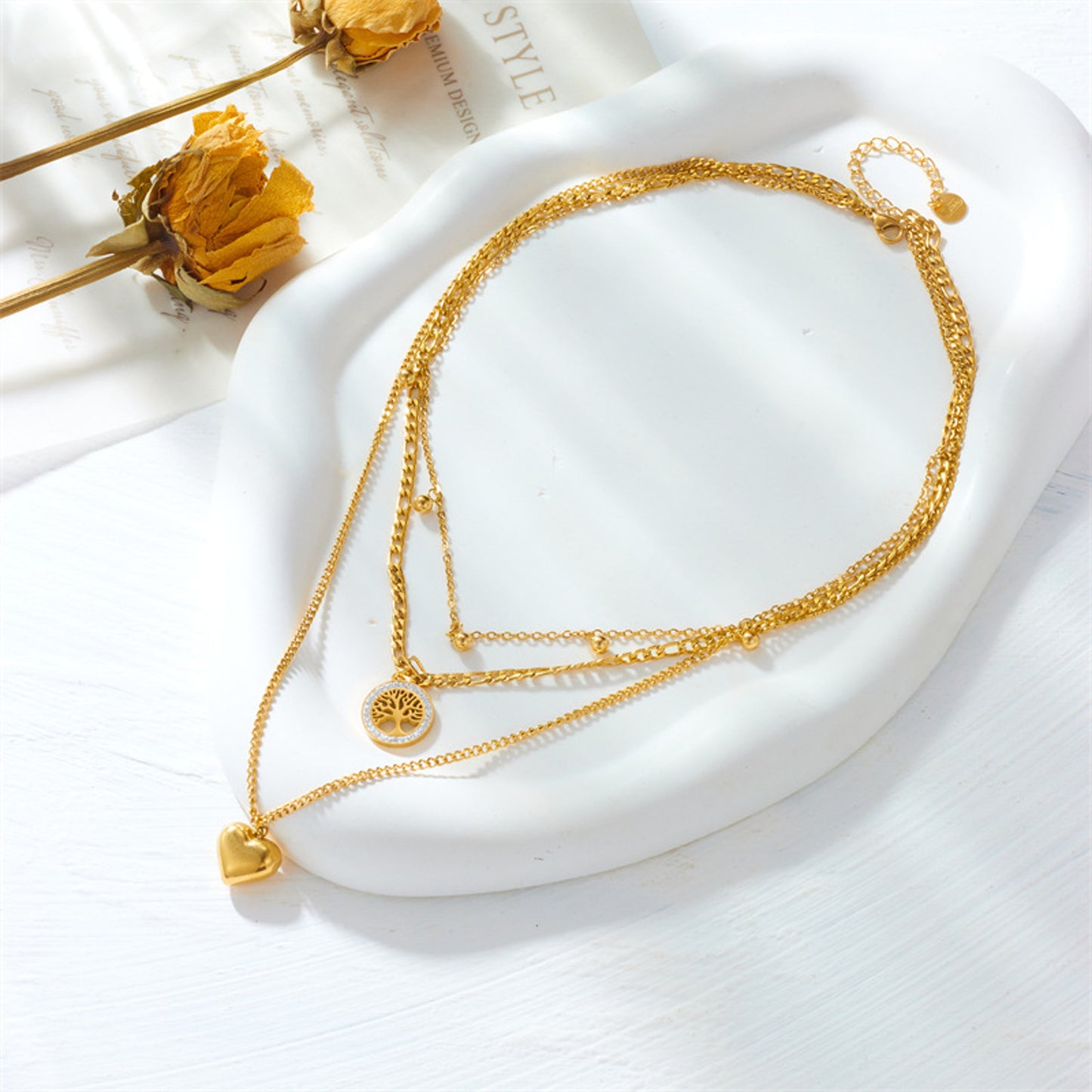 Layering Halskette Herz Lebensbaum Damen Gold Titanstahl Kristalle Karma