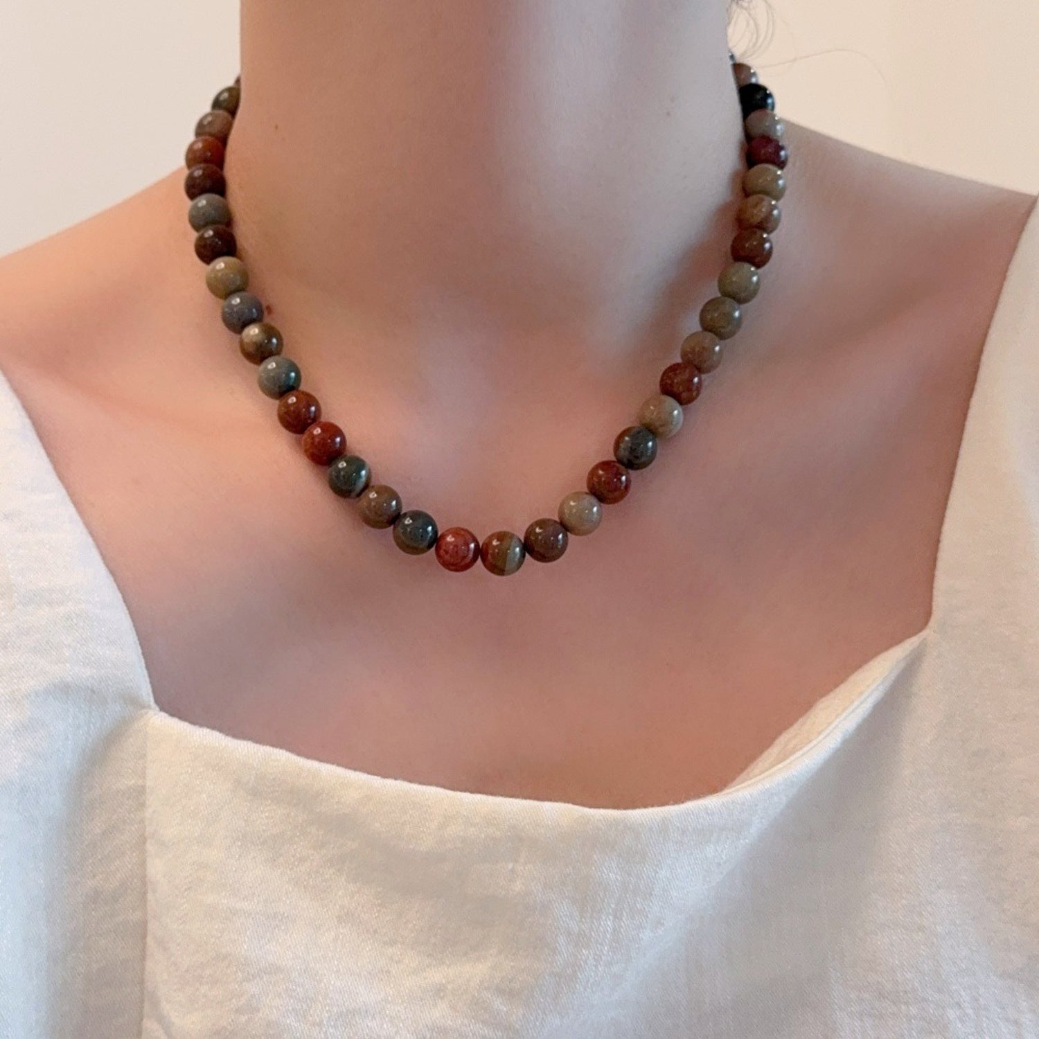 Halskette Damen Naturstein mehrfarbig 8 mm Steinperlen Kette Karma