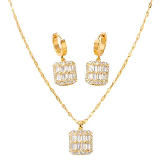 Schmuckset Kristalle Gold Halskette und Ohrringe Edelstahl vergoldet wasserfest hypoallergen rostfrei Karma
