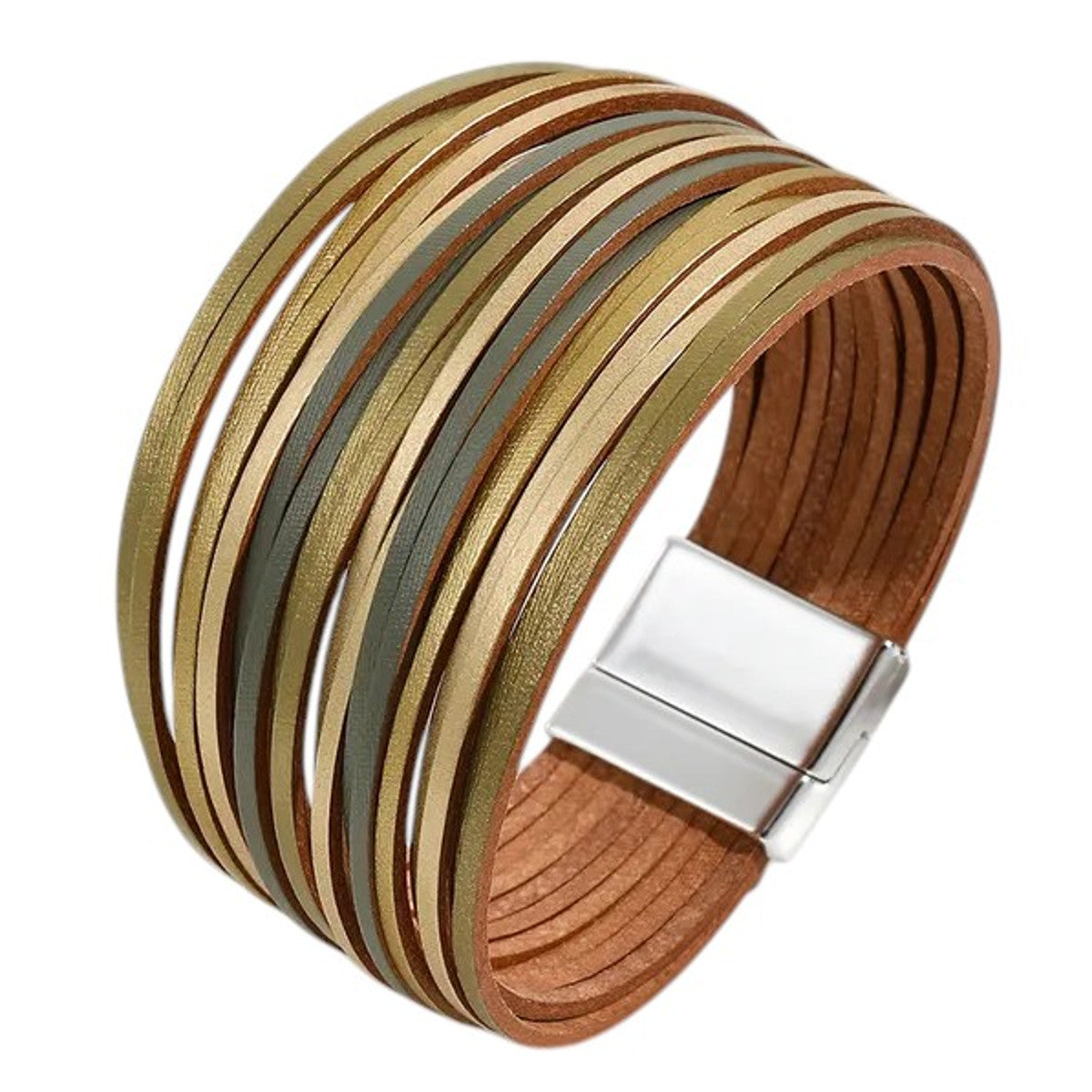 Damen Armband mehrreihig Khaki Magnetverschluss 19 cm modern Damenarmband PU Leder Karma