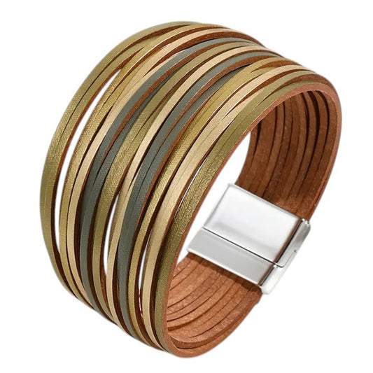 Damen Armband mehrreihig Khaki Magnetverschluss 19 cm modern Damenarmband PU Leder Karma