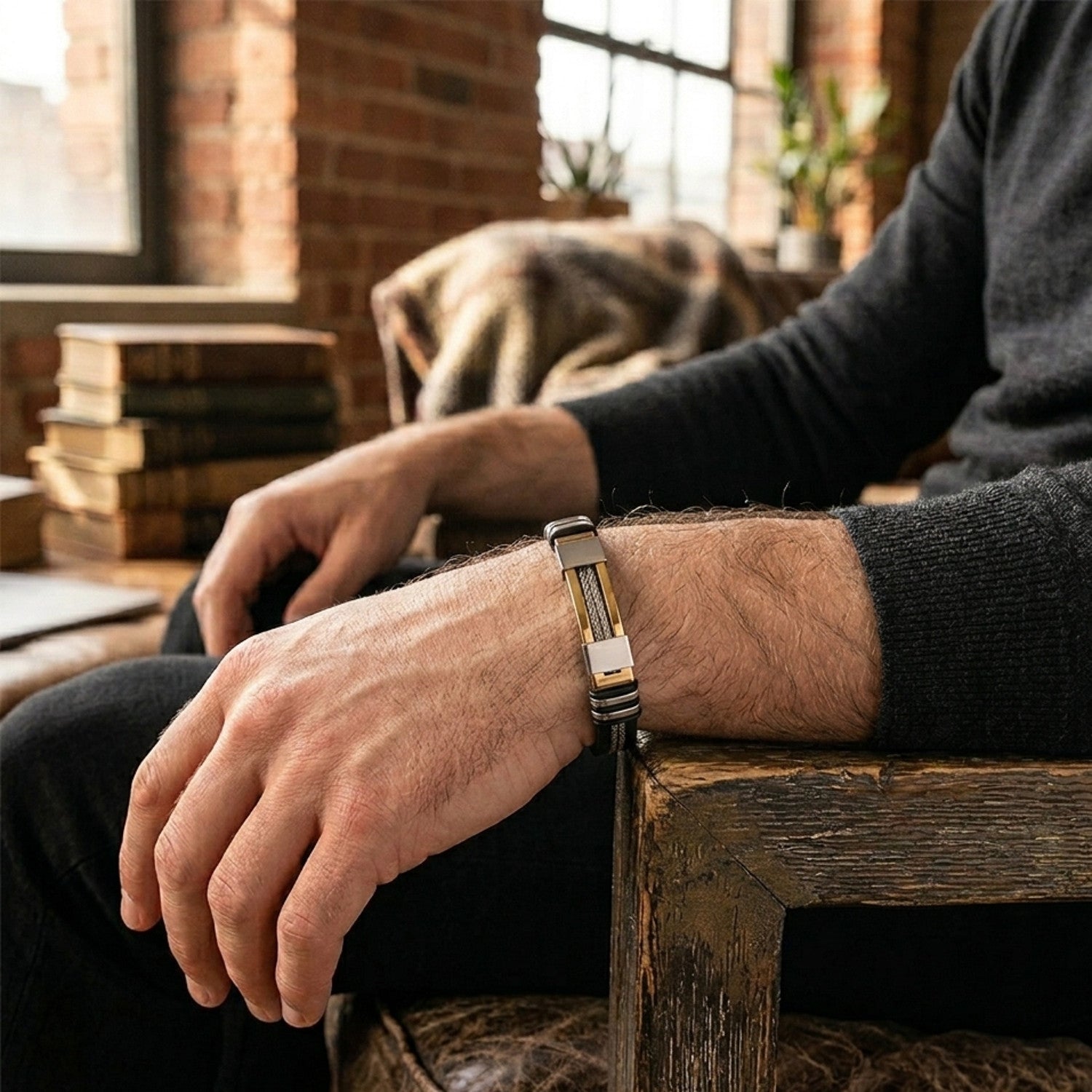 Armband Herren Silber 21 cm Silikon Edelstahl modern Karma