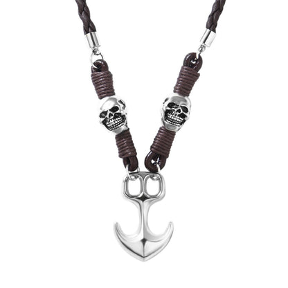 Kette Herren Anker Totenkopf Braun Leder Ankerkette Totenkopfkette Karma