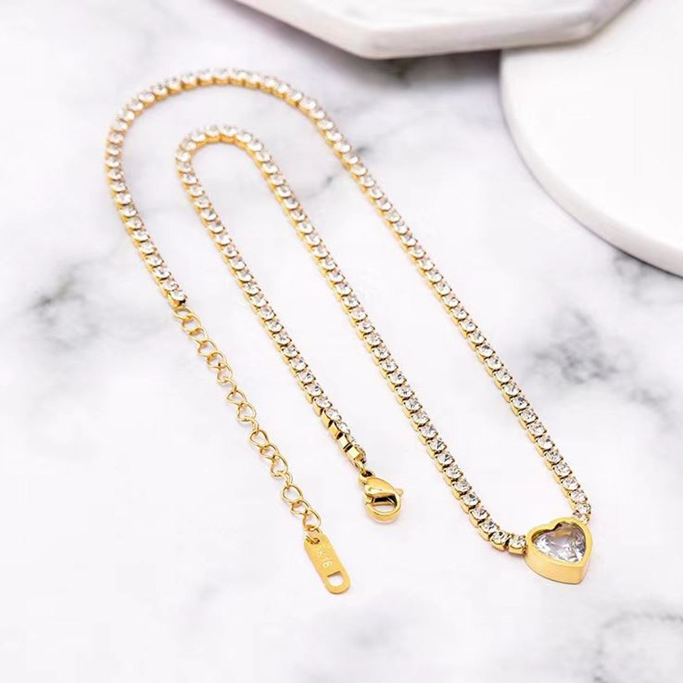 Halskette Collier Gold Edelstahl Herz Zirkon Kette Damen KARMA