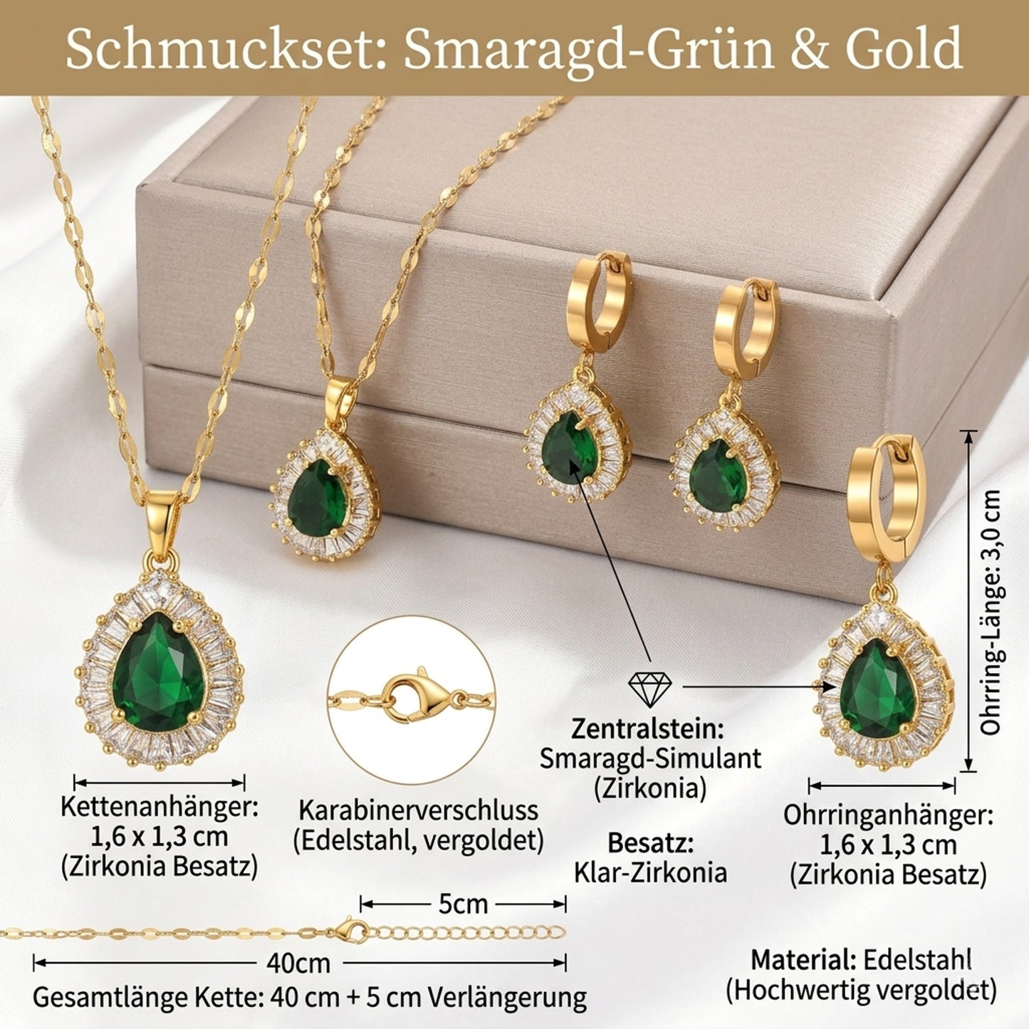 Schmuckset Zirkone Gold Grün Halskette und Ohrringe Edelstahl vergoldet wasserfest hypoallergen rostfrei Karma