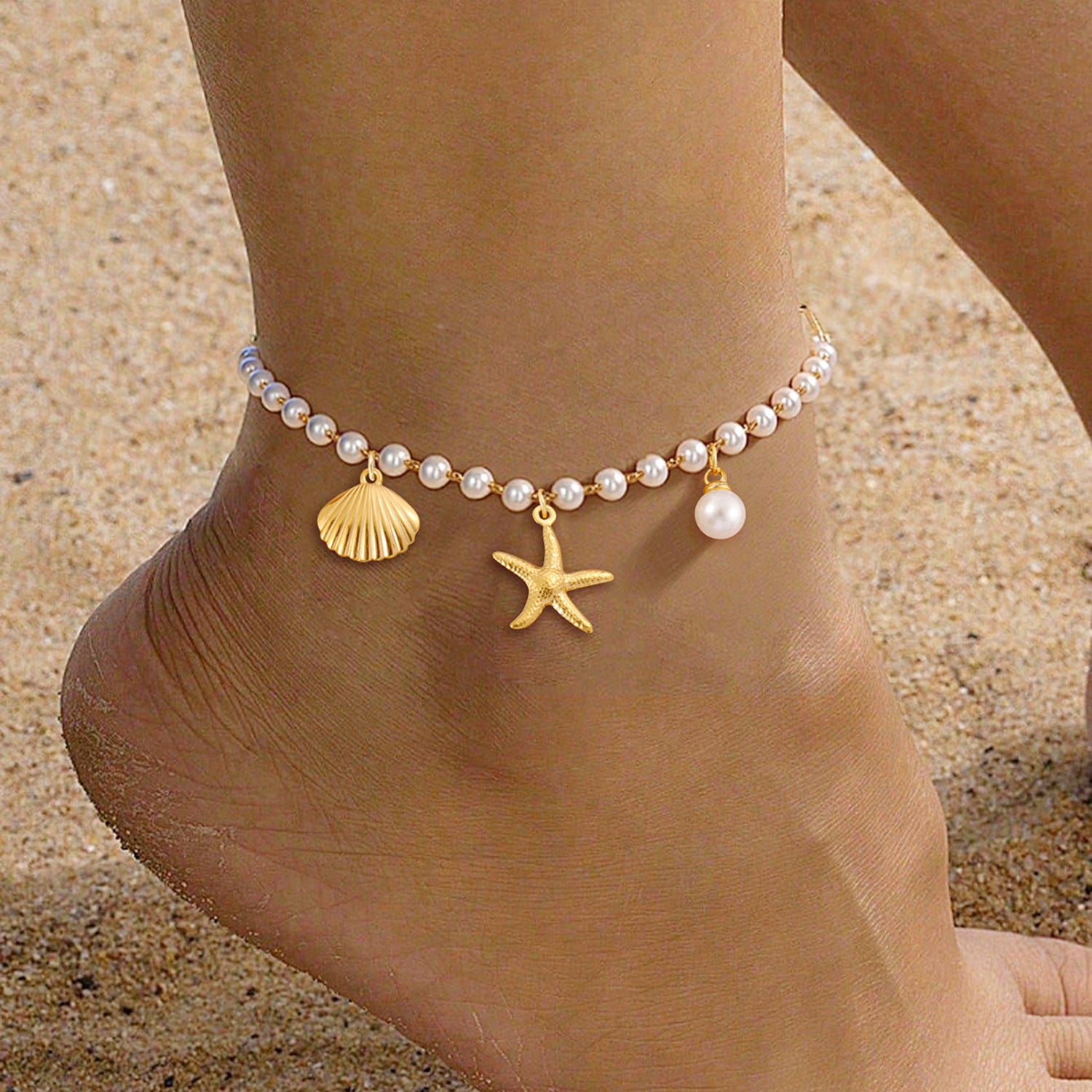 Fußkette Maritim Perlen Seestern Muschel Gold Weiß Kunstperlen Karma