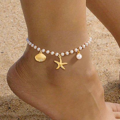 Fußkette Maritim Perlen Seestern Muschel Gold Weiß Kunstperlen Karma