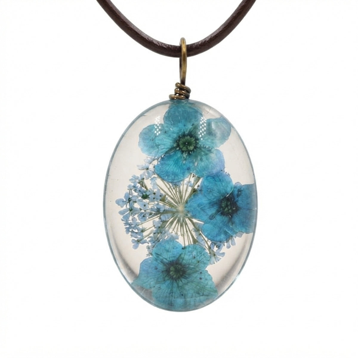 Halskette Echte Trockenblumen Türkis Blau Glas Lederband Blumenkette Kette modern Karma
