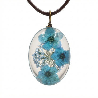 Halskette Echte Trockenblumen Türkis Blau Glas Lederband Blumenkette Kette modern Karma
