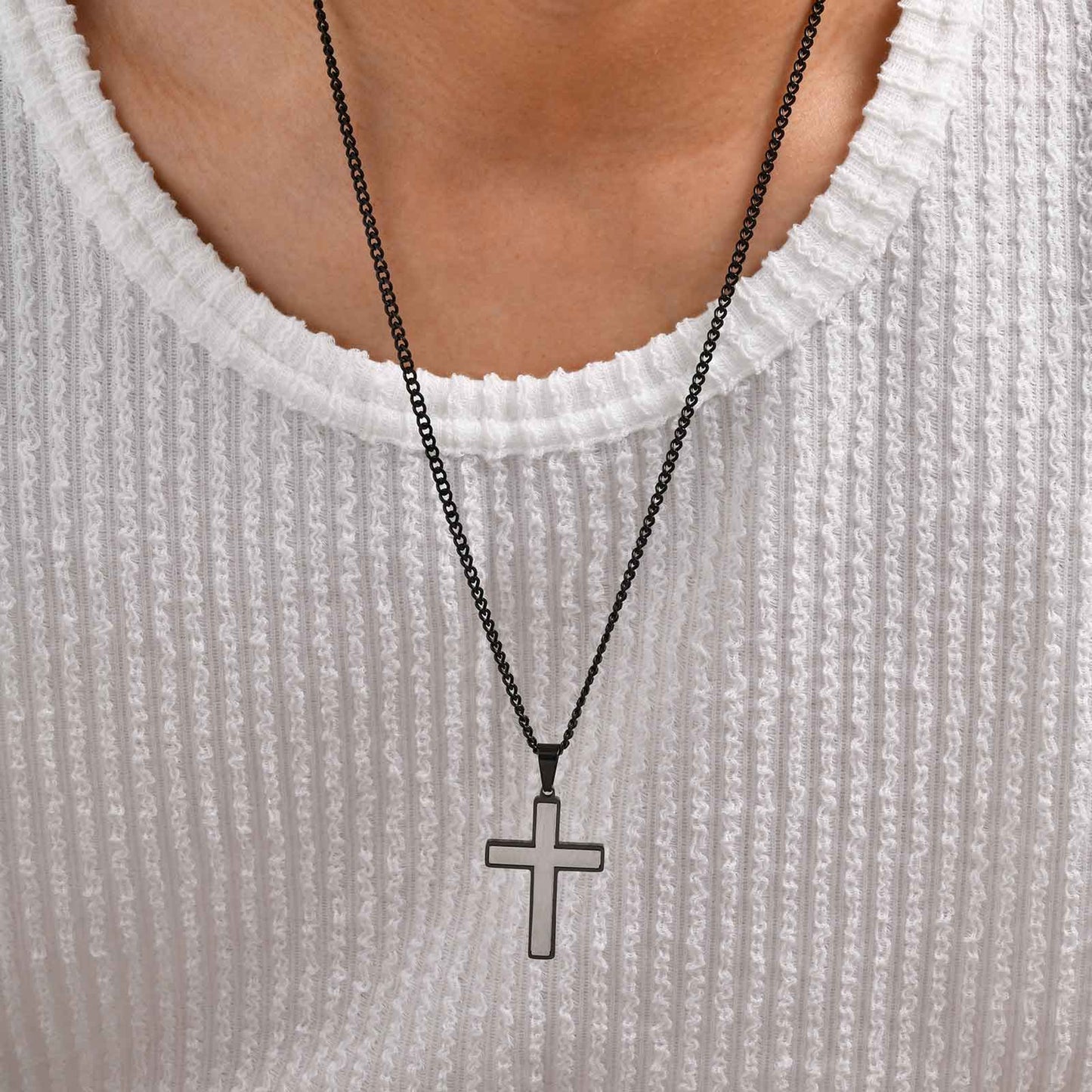 Halskette Herren Kreuz Silber Schwarz Edelstahl PVD beschichtet wasserfest hypoallergen