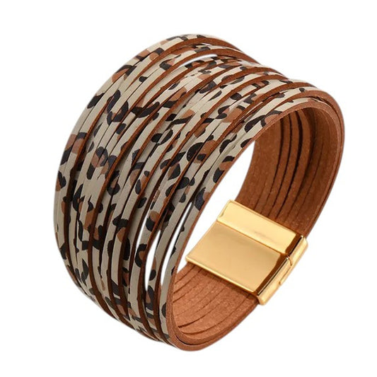 Damen Armband mehrreihig Leo Braun Magnetverschluss 19 cm modern Damenarmband PU Leder Karma
