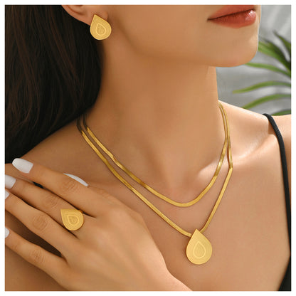 Schmuckset Tropfen Gold Halskette Ohrringe Ring Edelstahl vergoldet wasserfest hypoallergen rostfrei Karma