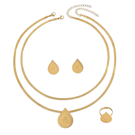 Schmuckset Tropfen Gold Halskette Ohrringe Ring Edelstahl vergoldet wasserfest hypoallergen rostfrei Karma