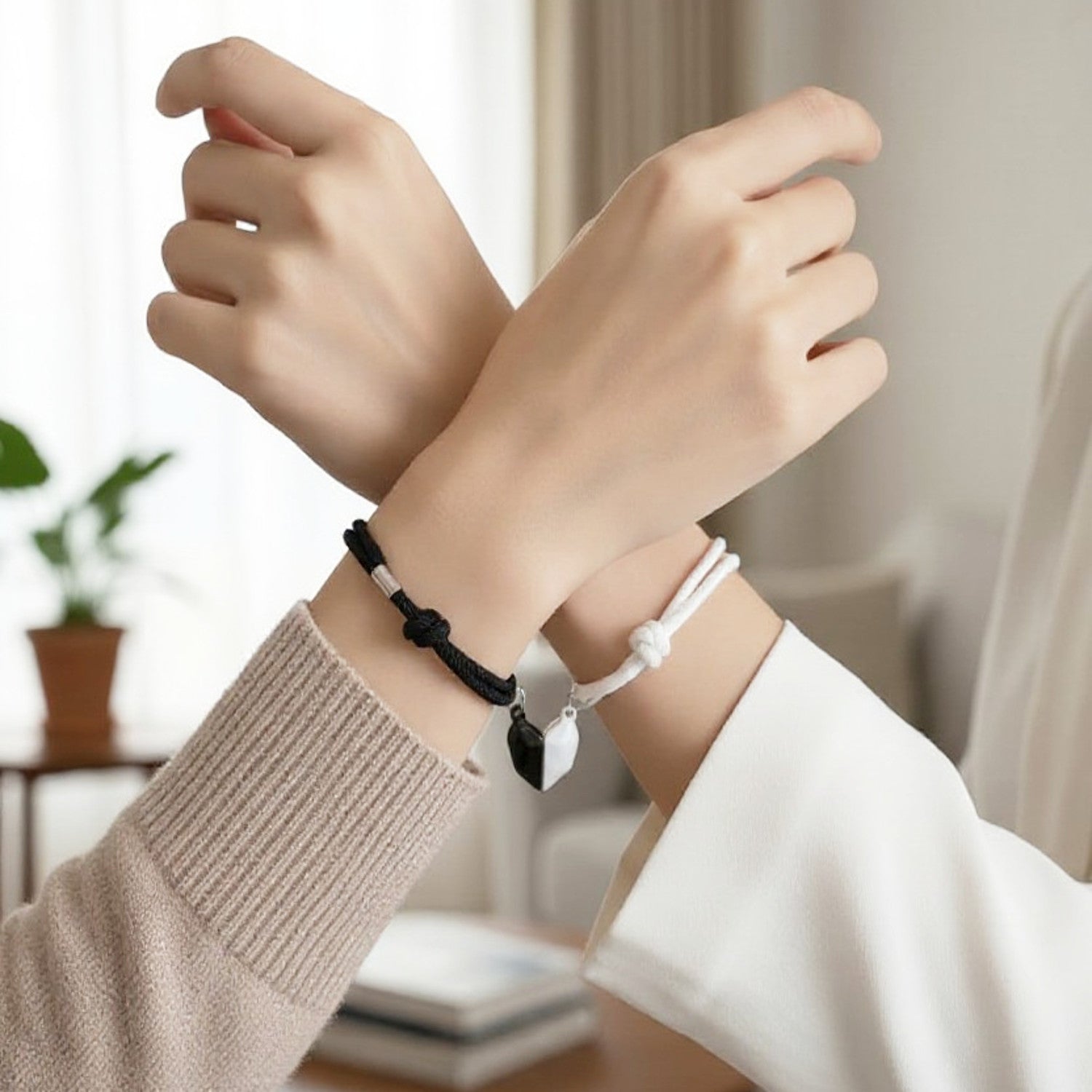 Freundschaftsarmbänder Herz Schwarz Weiß Textil magnetisch Armband Set Damen Karma