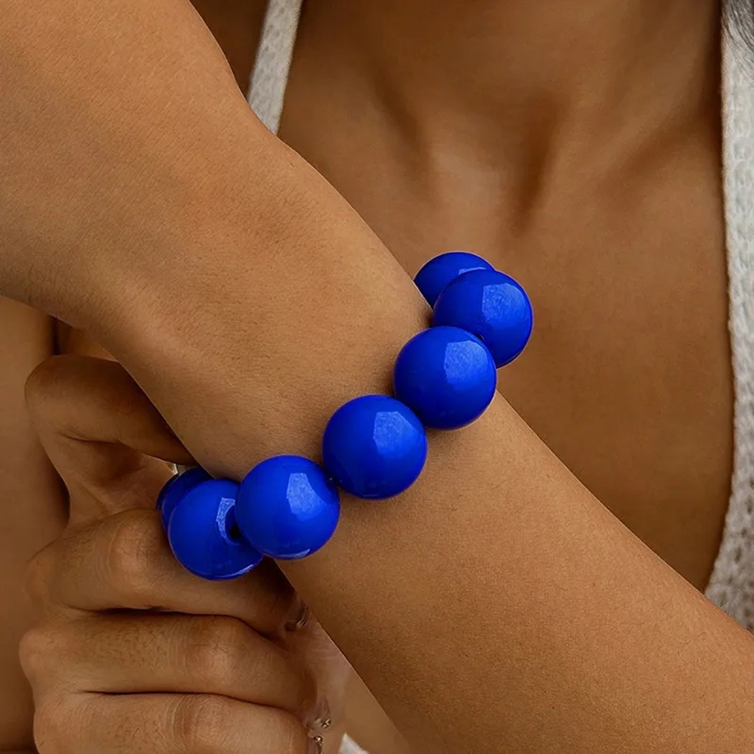 XL Perlenarmband Blau Damen Acryl Armband bunt dehnbar Karma