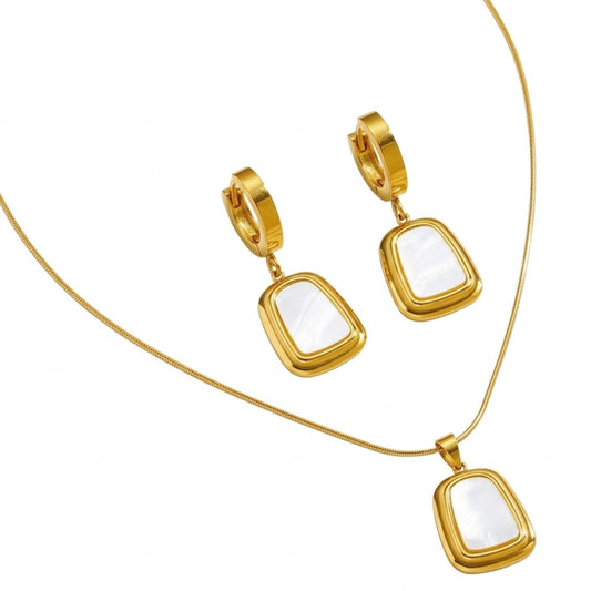 Schmuckset Gold Weiß Ohrringe und Halskette Edelstahl wasserfest hypoallergen rostfrei Karma