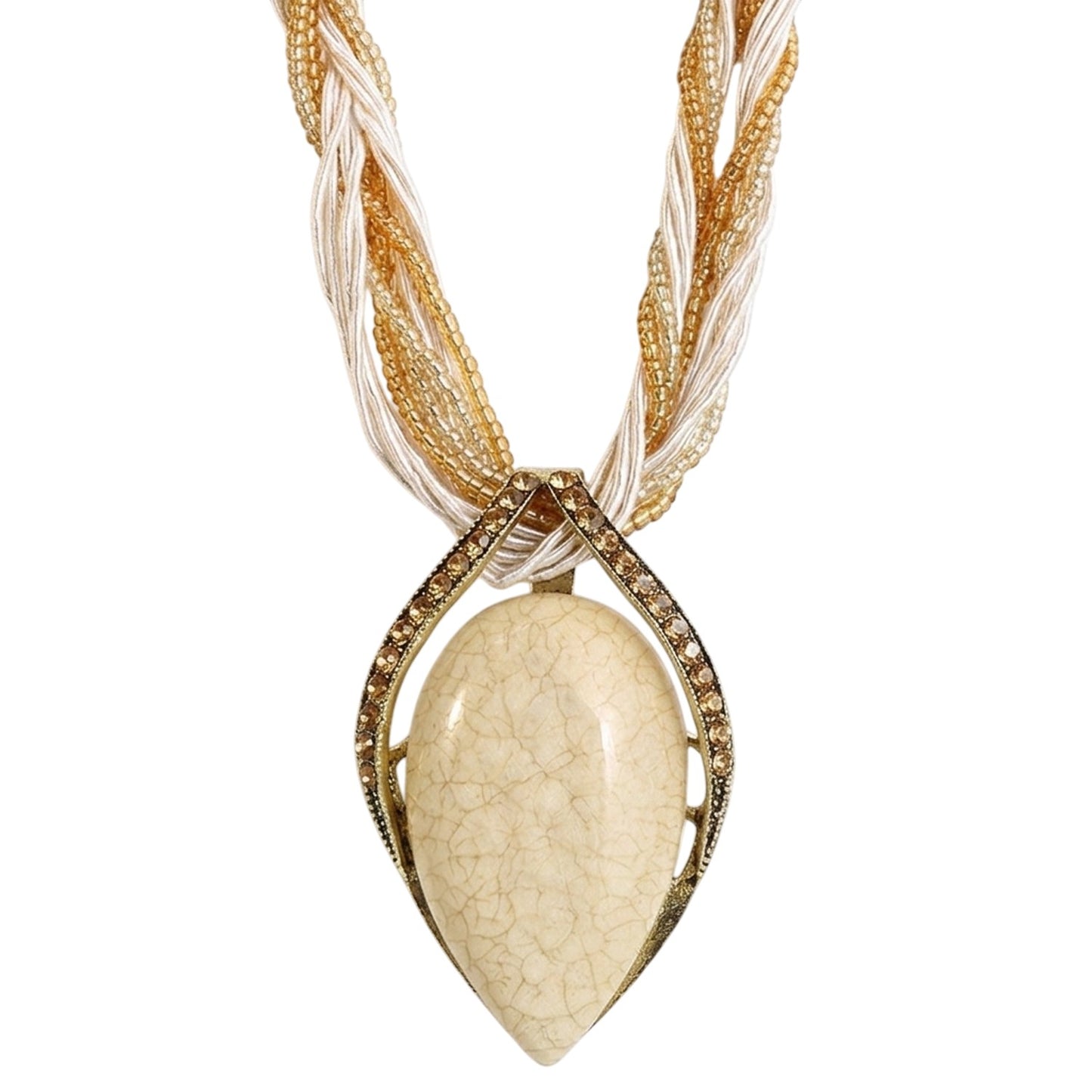 Statementkette Tropfen Anhänger Creme Beige 47 cm Halskette Damen Kette modern Karma