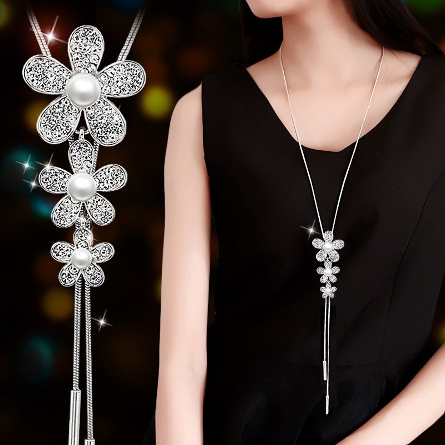 Lange Halskette Blume Silber modern Legierung 70 cm Damenhalskette KARMA