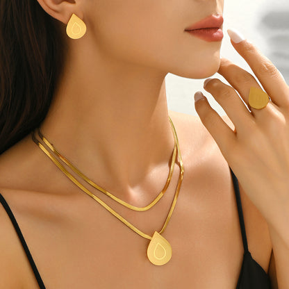 Schmuckset Tropfen Gold Halskette Ohrringe Ring Edelstahl vergoldet wasserfest hypoallergen rostfrei Karma