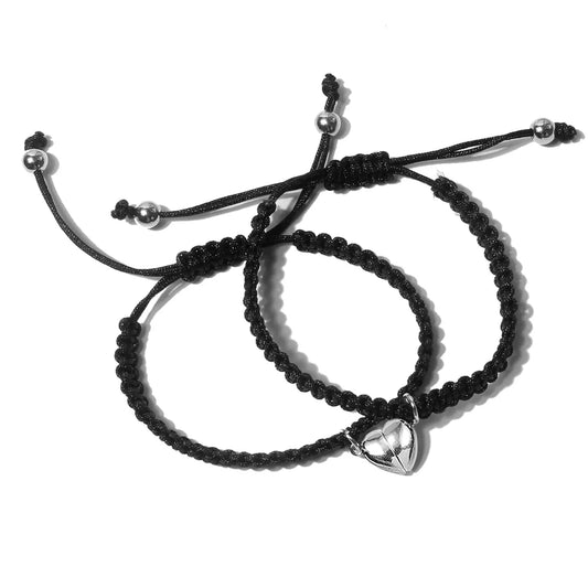 2er Set Freundschaftsarmbänder Herz Schwarz Metall Stoff KARMA