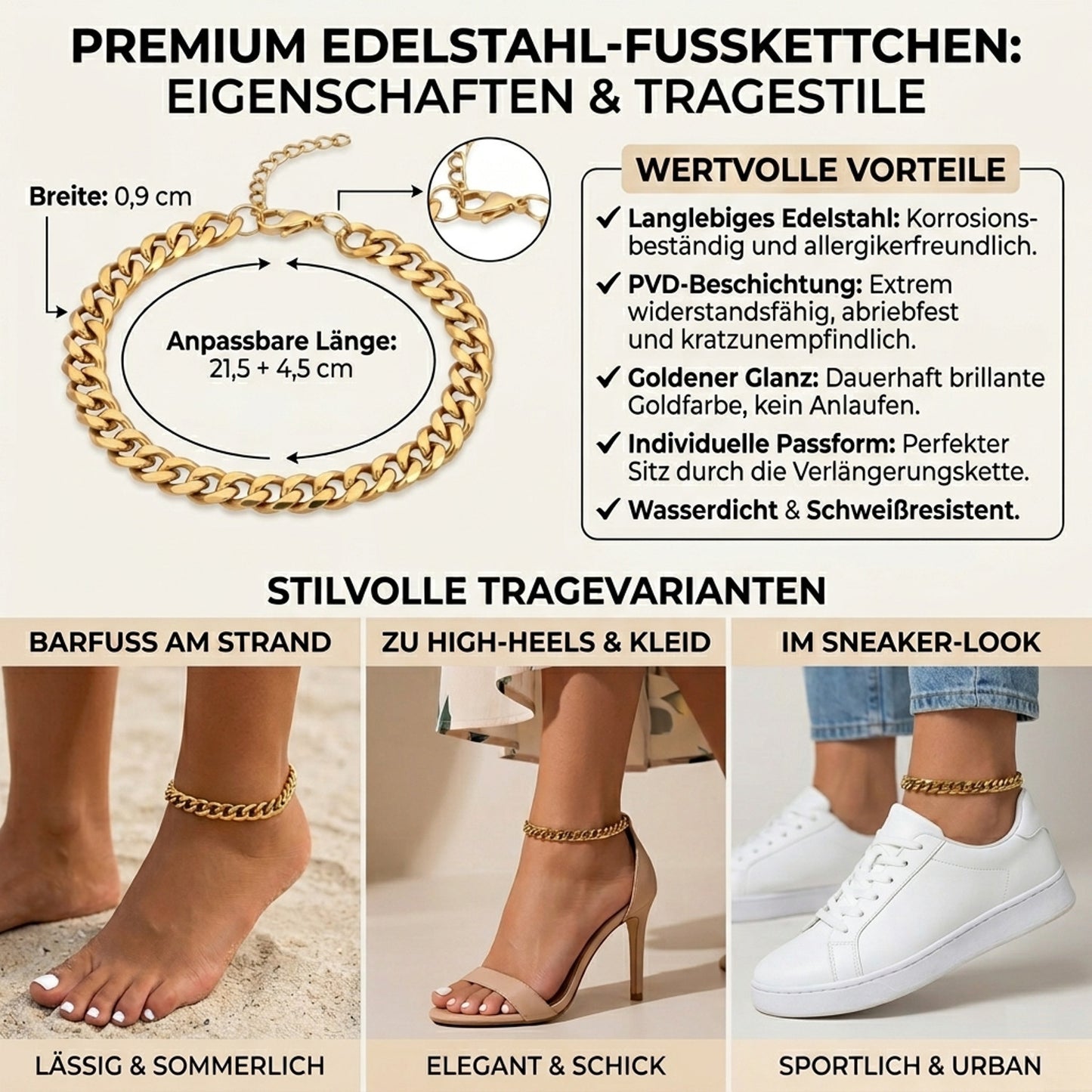 Fußkette Gold Edelstahl PVD beschichtet verstellbares Fußkettchen modern Karma