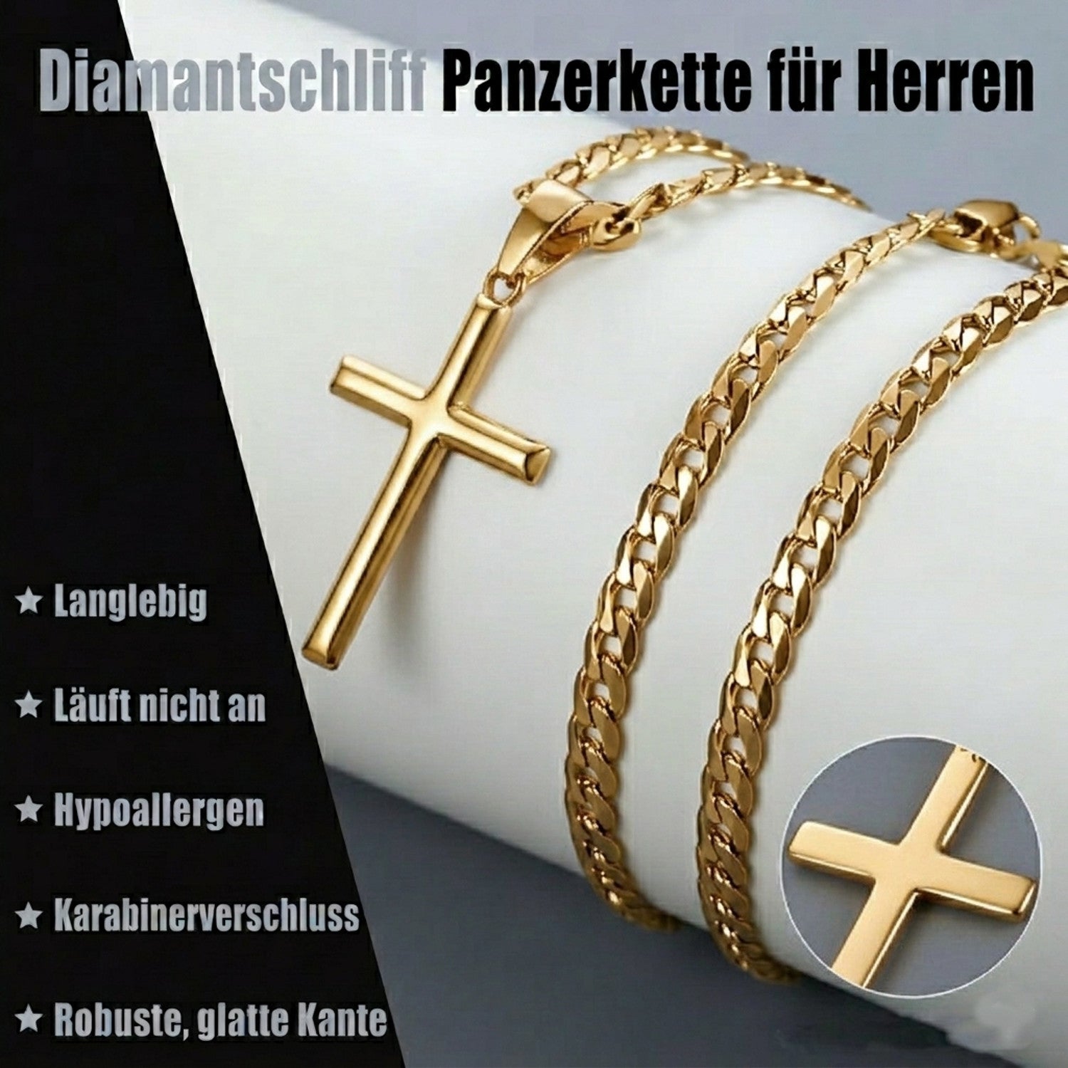Halskette Herren Kreuz Gold 59 cm Edelstahl wasserfest hypoallergen rostfrei Karma