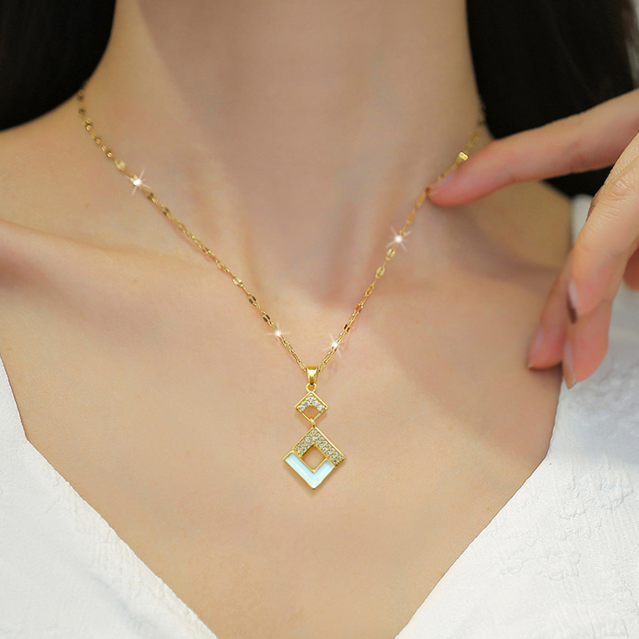 Schmuckset Raute Gold Halskette und Ohrringe Edelstahl Zirkone wasserfest hypoallergen rostfrei Karma