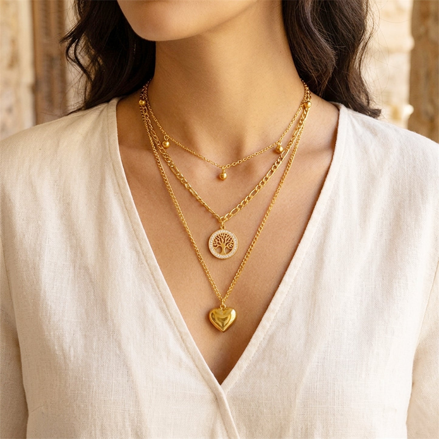 Layering Halskette Herz Lebensbaum Damen Gold Titanstahl Kristalle Karma