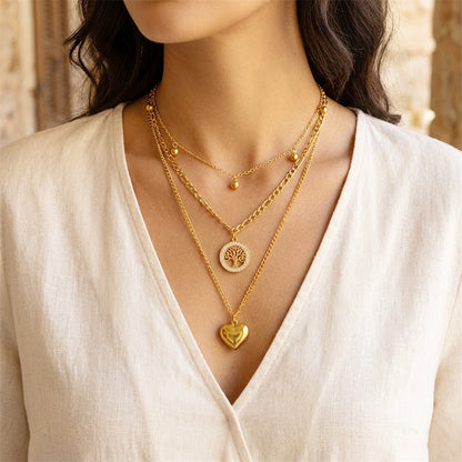 Layering Halskette Herz Lebensbaum Damen Gold Titanstahl Kristalle Karma