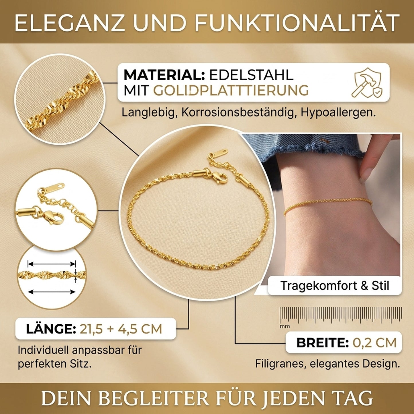 Fußkette Gold Edelstahl verstellbares Fußkettchen modern wasserfest hypoallergen Karma