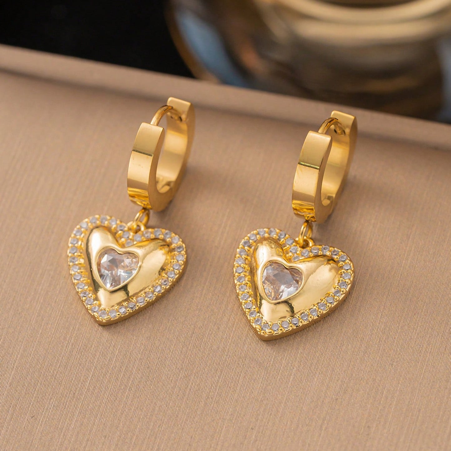 Schmuckset Herz Gold Halskette und Ohrringe Edelstahl Zirkone wasserfest hypoallergen rostfrei Karma