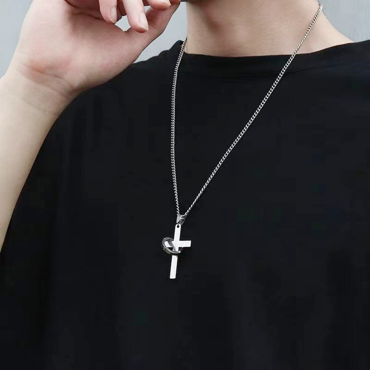 Edelstahl Halskette Ring Kreuz silber KARMA