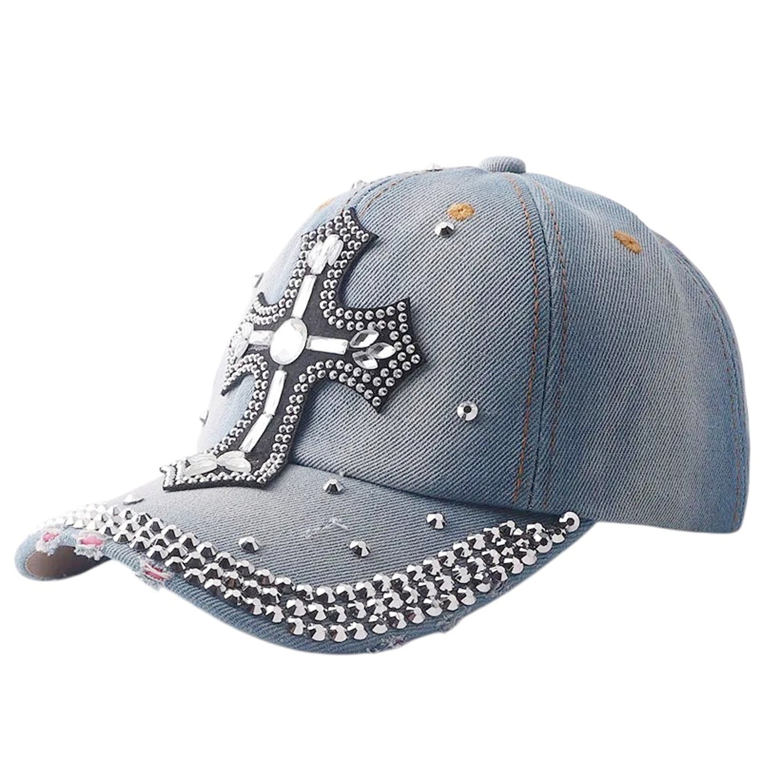 Basecap Kreuz Damen Jeansblau Hellblau Baumwolle Kristalle Kappe Karma