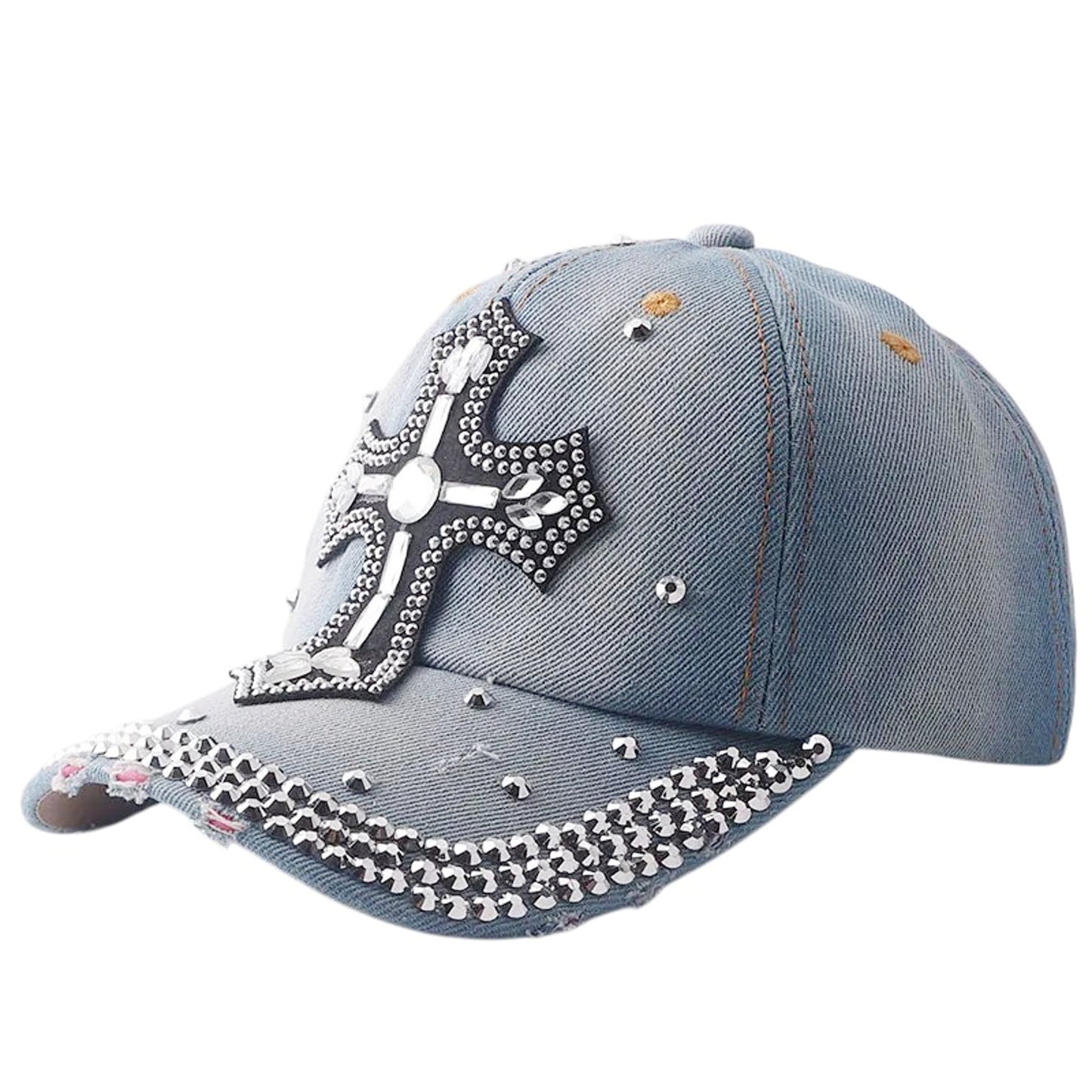 Basecap Kreuz Damen Jeansblau Dunkelblau oder Hellblau Baumwolle Kristalle Kappe Karma