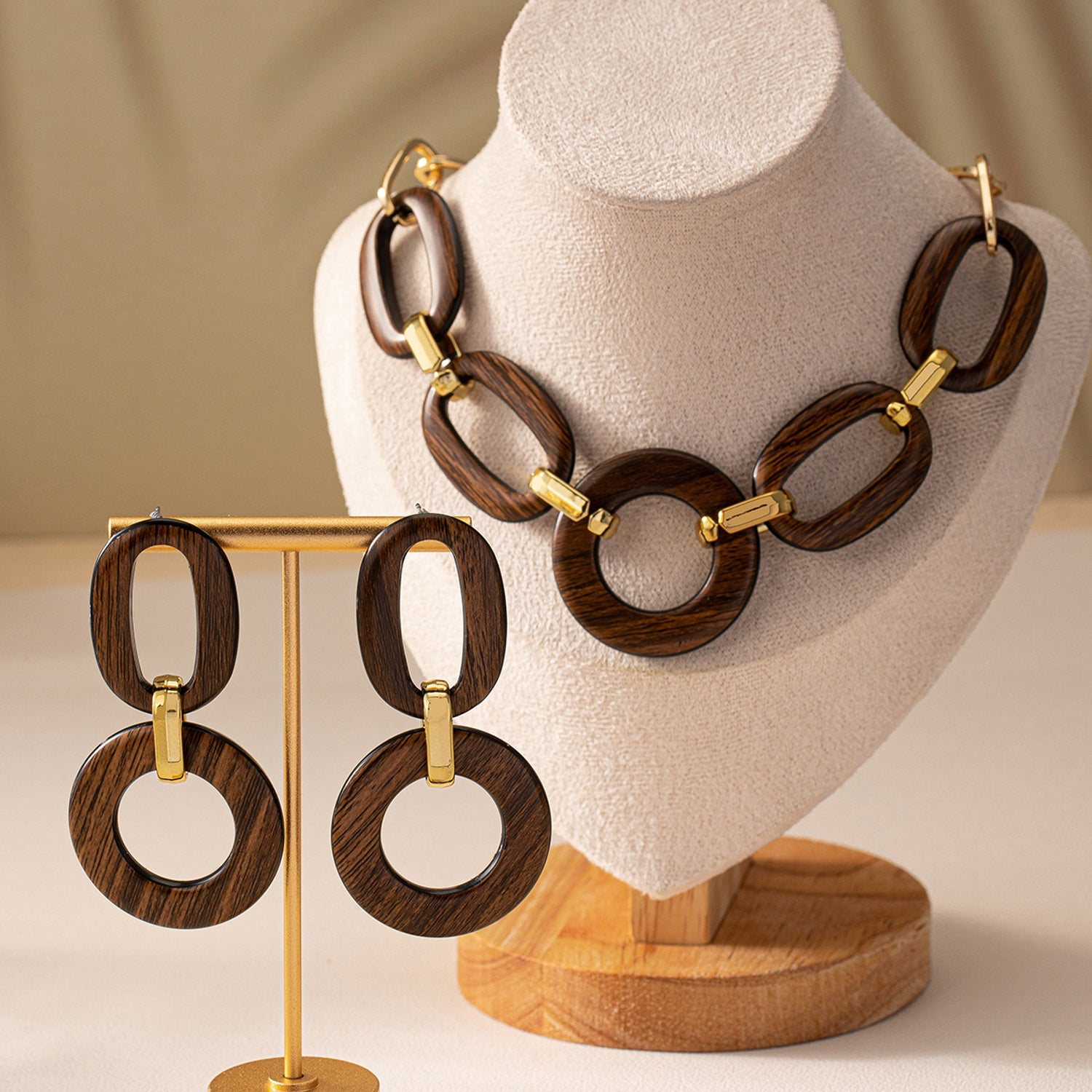 Schmuckset Holz Braun Gold Kette und Ohrringe KARMA
