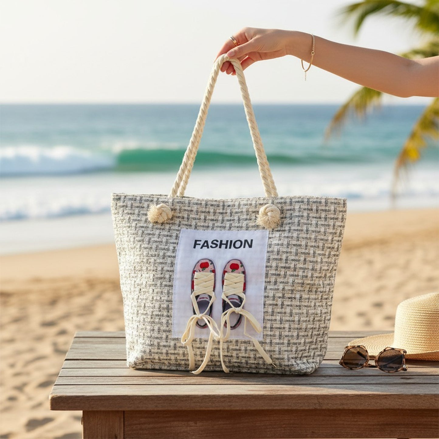 Strandtasche Fashion Beige 47 cm modern Pooltasche Shopper Sommertasche Karma