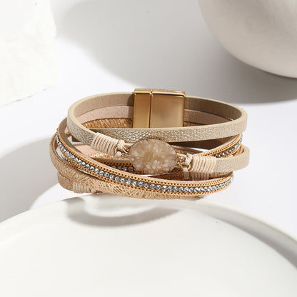 Wickelarmband Damen Beige PU Leder Zirkon Armband Karma