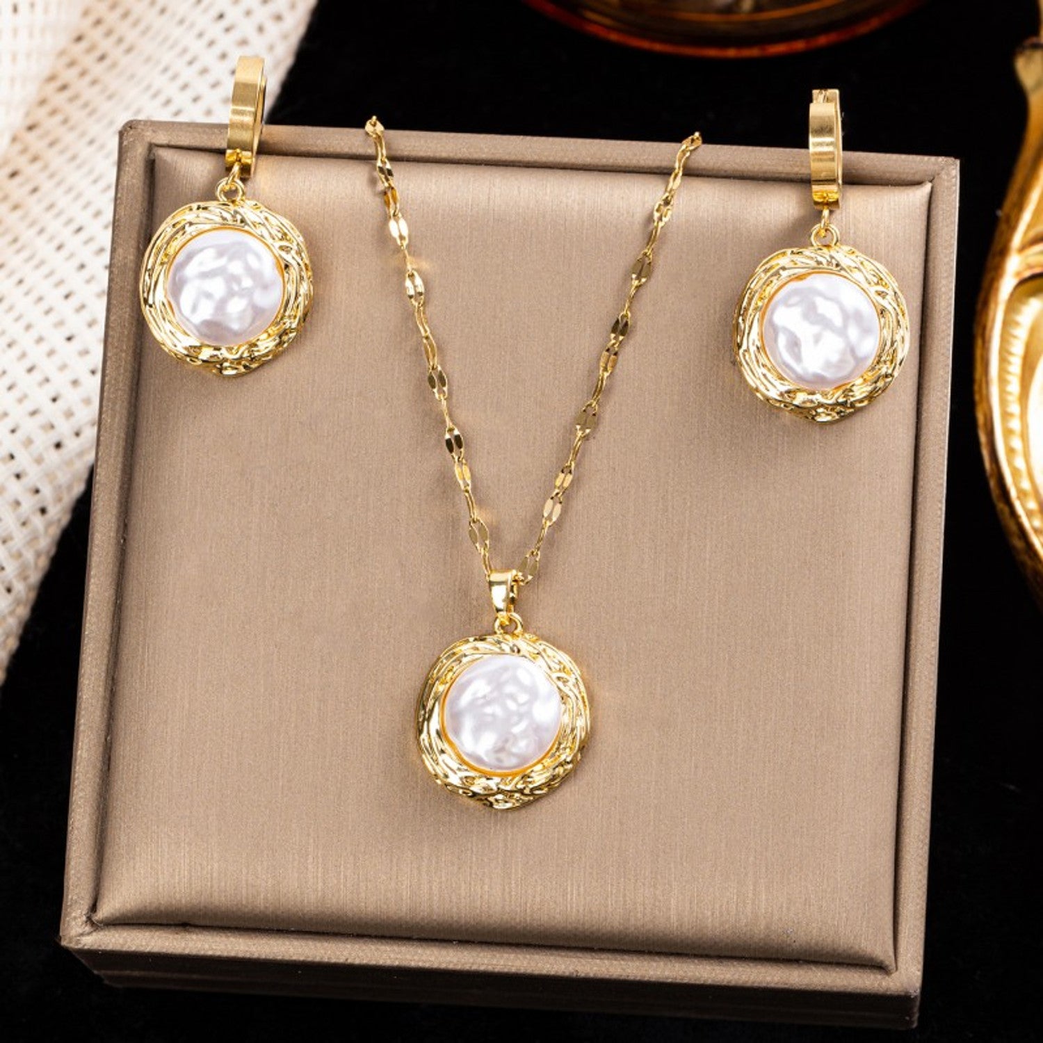 Schmuckset Damen Gold Perlen Edelstahl Halskette Ohrringe vergoldet Karma